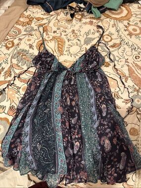 Free People Navy and Teal Paisley Floral Mini Dress